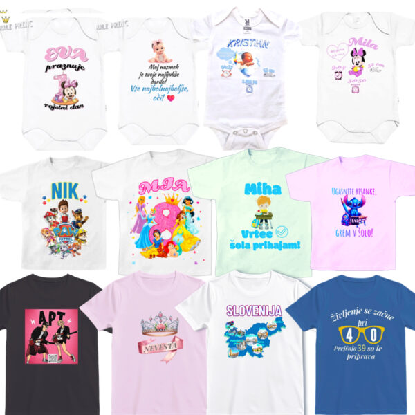 Personalizirane majice za odrasle po naročilu – za rojstne dneve, fantovščine, dekliščine, praznovanja ali promocijo podjetij. Tisk imena, napisa ali logotipa. Izdelava v Sloveniji.