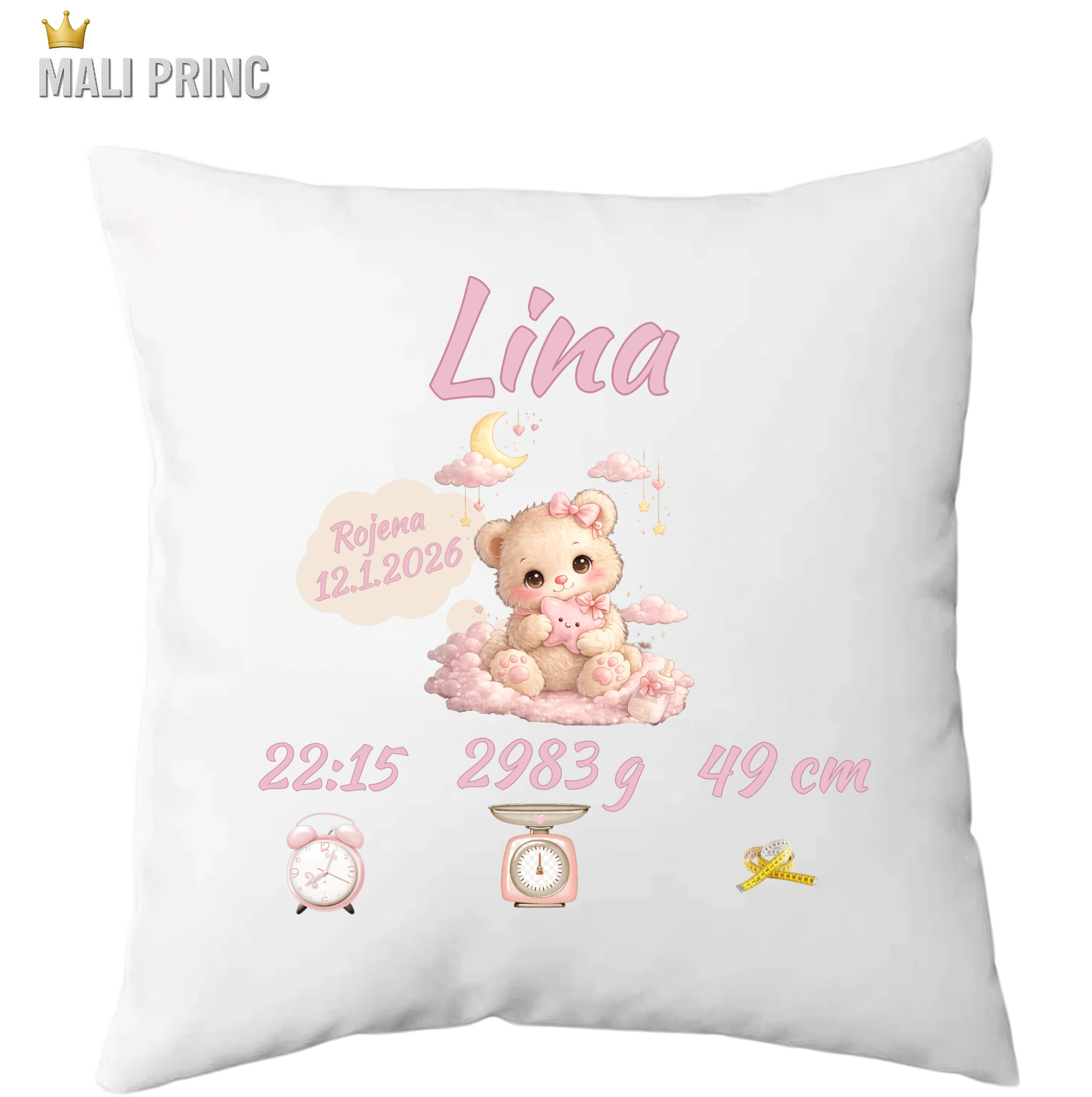 Personalizirana darilna blazina ob rojstvu otroka z modrim tiskom, poljubnim imenom in ikonami za rojstne podatke